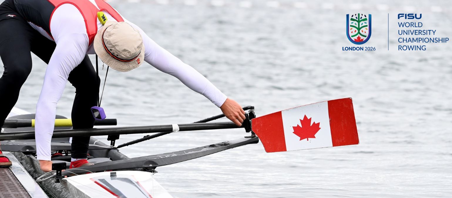 Photo of rower, canada flag, FISU London logo.