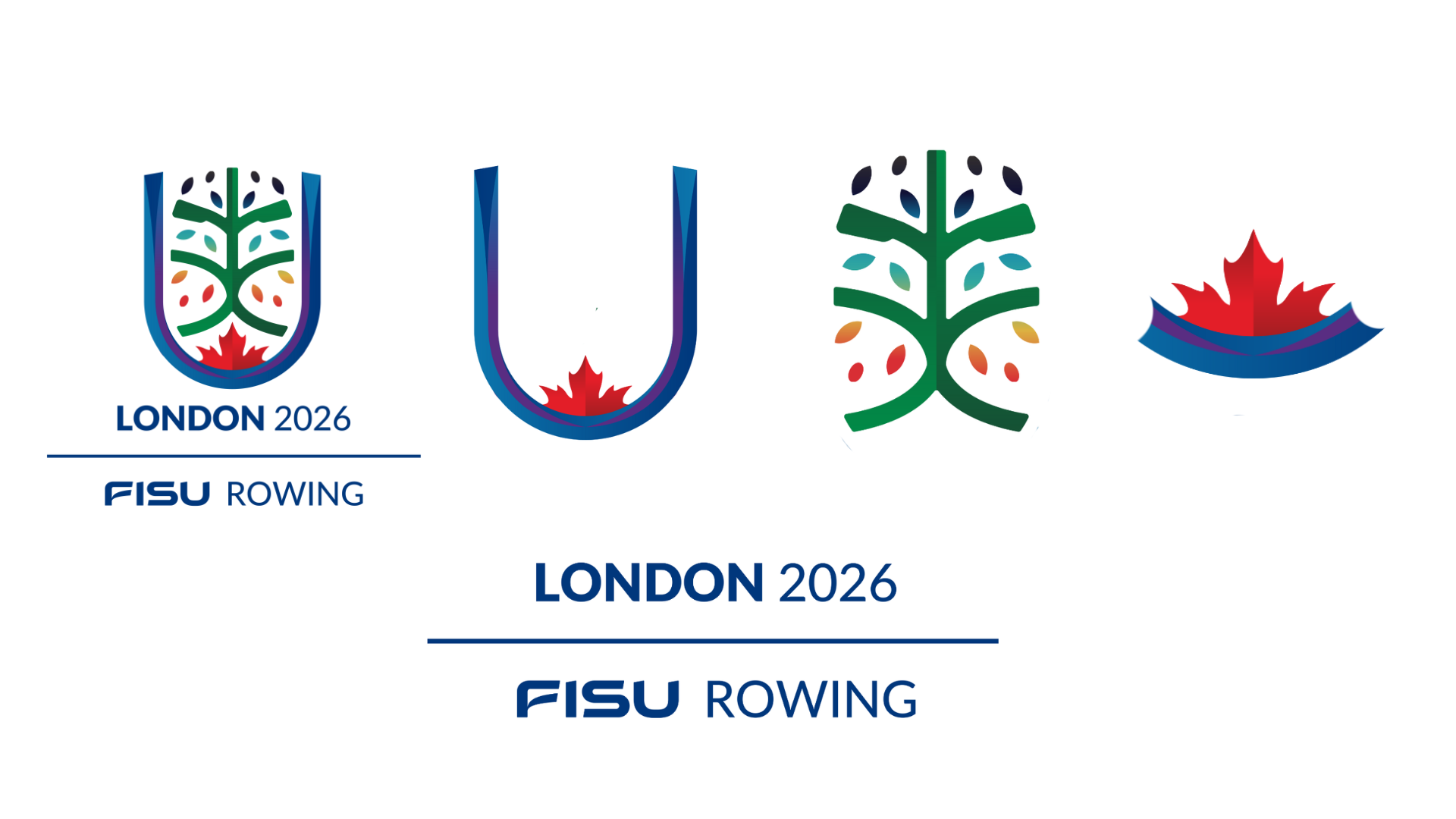FISU Rowing 2026 Logo components including maple leaf, U, Tree and full logo with London 2026 and FISU Rowing text