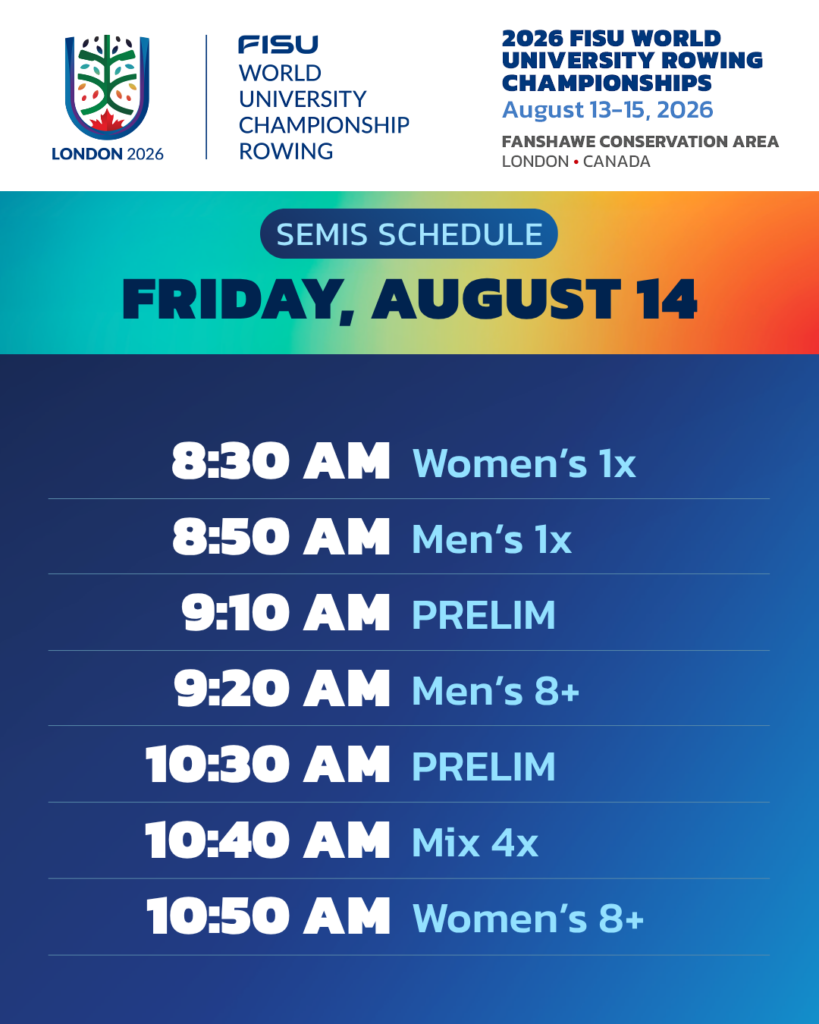 Friday August 14 Semis Schedule
8:30am Women's 1x
8:50am Men's 1x
9:10am PRELIM
9:20am Men's 8+
10:30am PRELIM
10:40am Mix 4x
10:50am Women's 8+