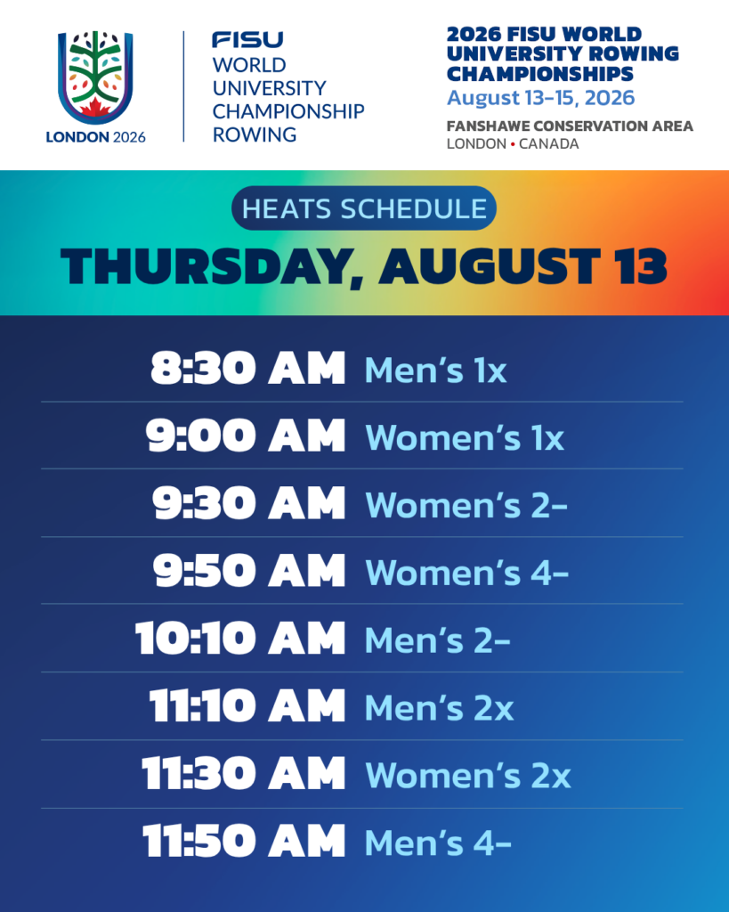 Thursday, August 13 Heats Schedule
8:30am Men's 1x
9am Women's 1x
9:30am Women's 2-
9:50am Women's 4-
10:10am Men's 2-
11:10am Men's 2x
11:30am Women's 2x
11:50am Men's 4-